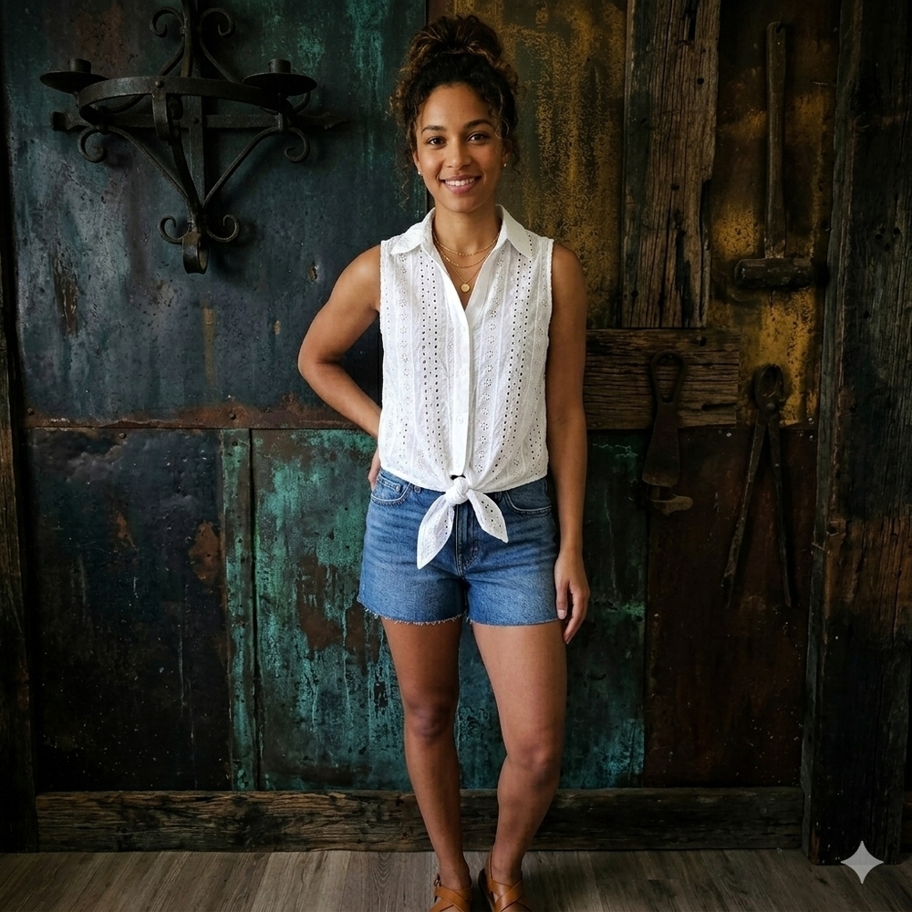 White Eyelet Sleeveless Tie-Front Top by Style Envy Cotton Boho Hippie Travel S